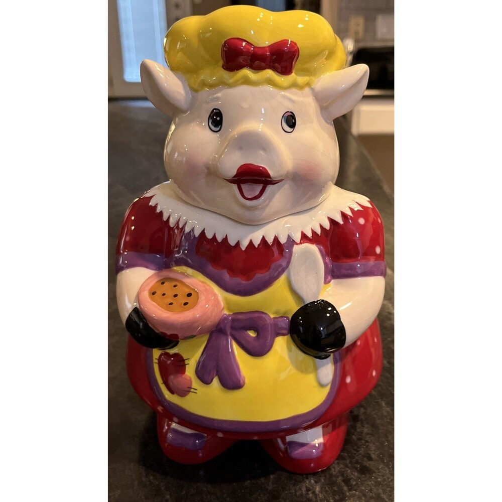 Vintage Cookie Jar Lady Pig In Cooking Apron - Polk a Dot Red Dress - 1980s